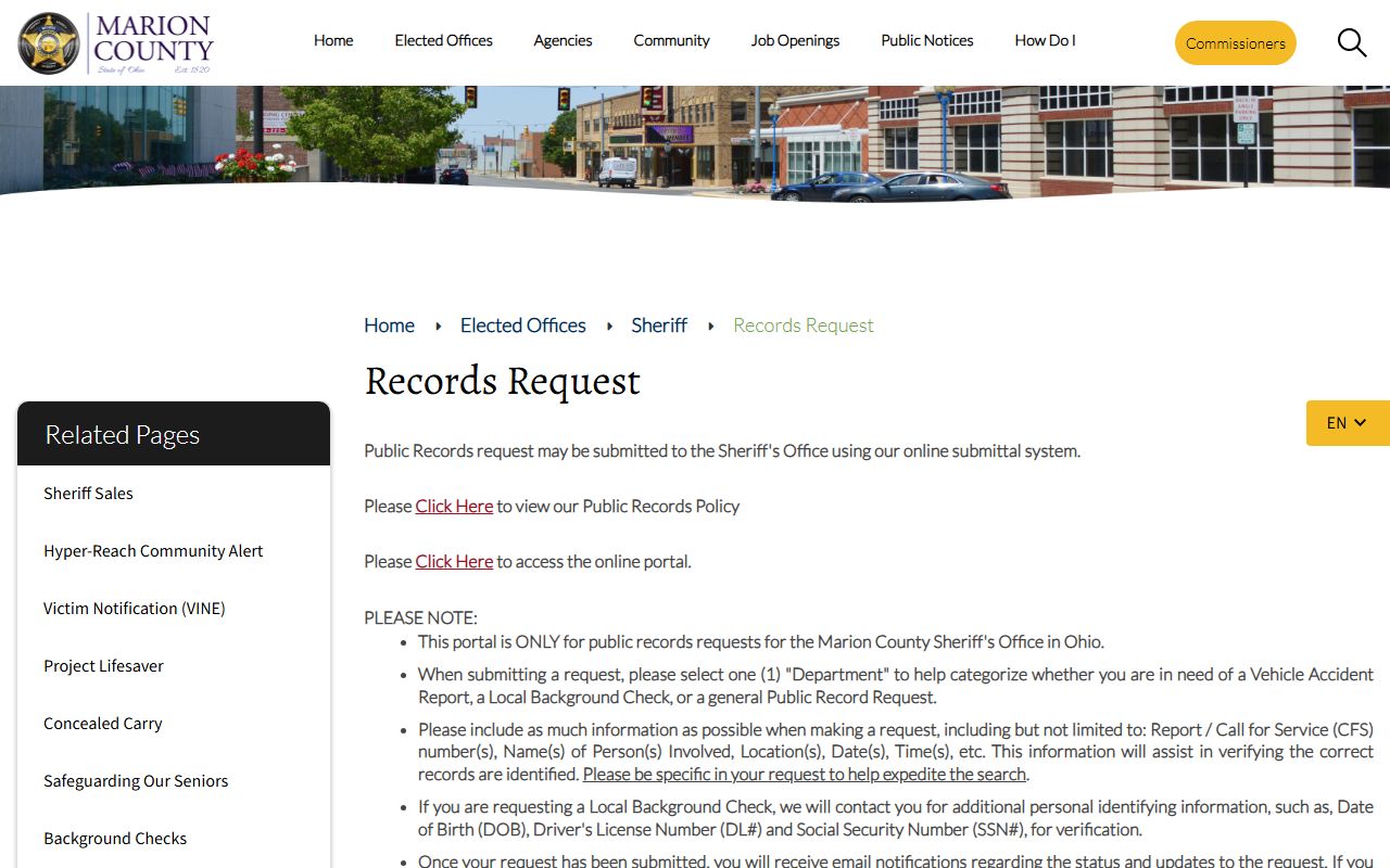 Marion County jail mugshots sheriff records request instructions